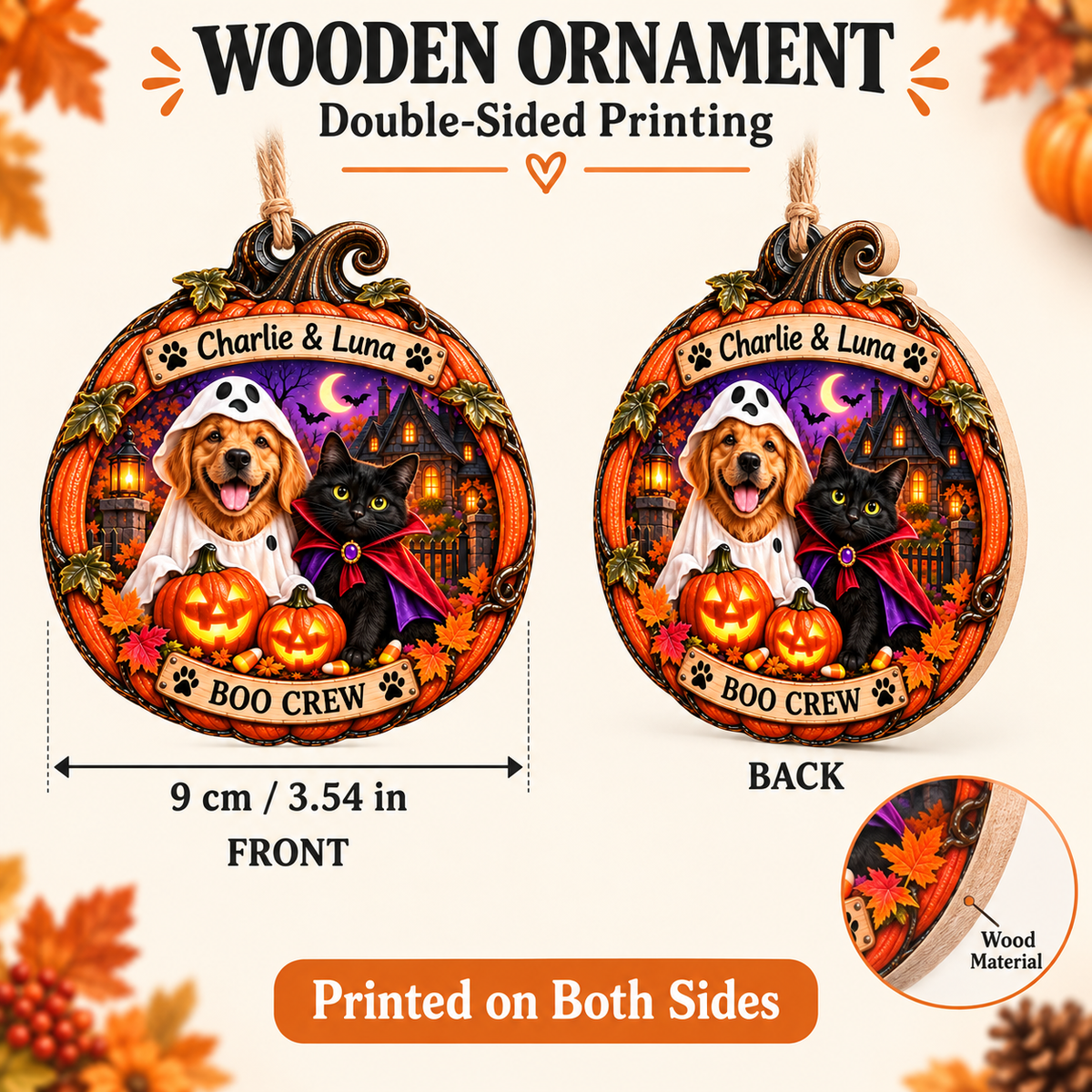 Personalized Halloween Pumpkin Custom Pet Photo & Name Double-Side Printed Wooden Ornament