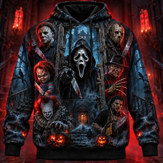 Horror Icons Haunted Mansion AOP T-Shirt Sweatshirt Hoodie
