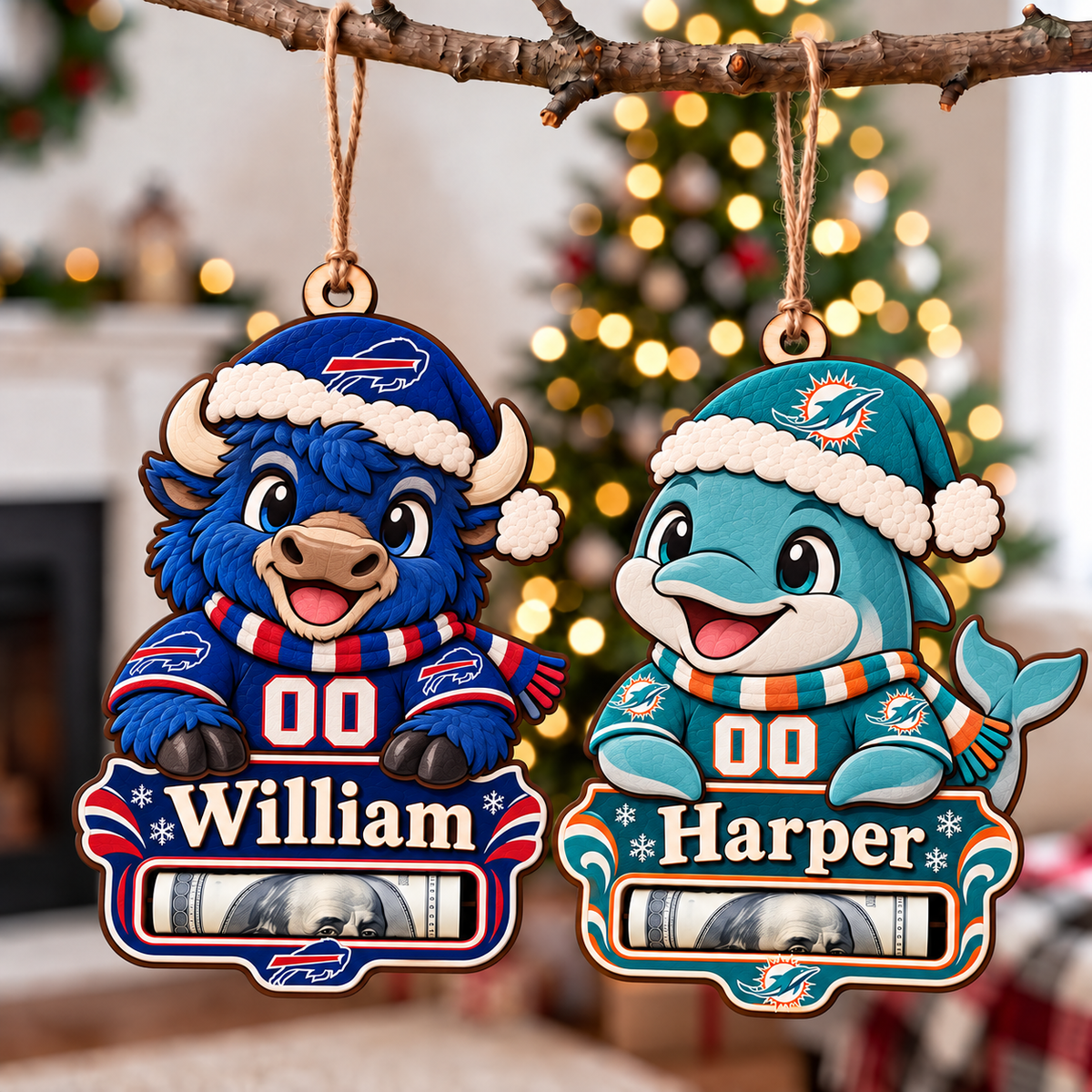 Personalized Custom America Football Team, Name & Number Money Holder Ornament – Custom Name Wooden Holiday Gift